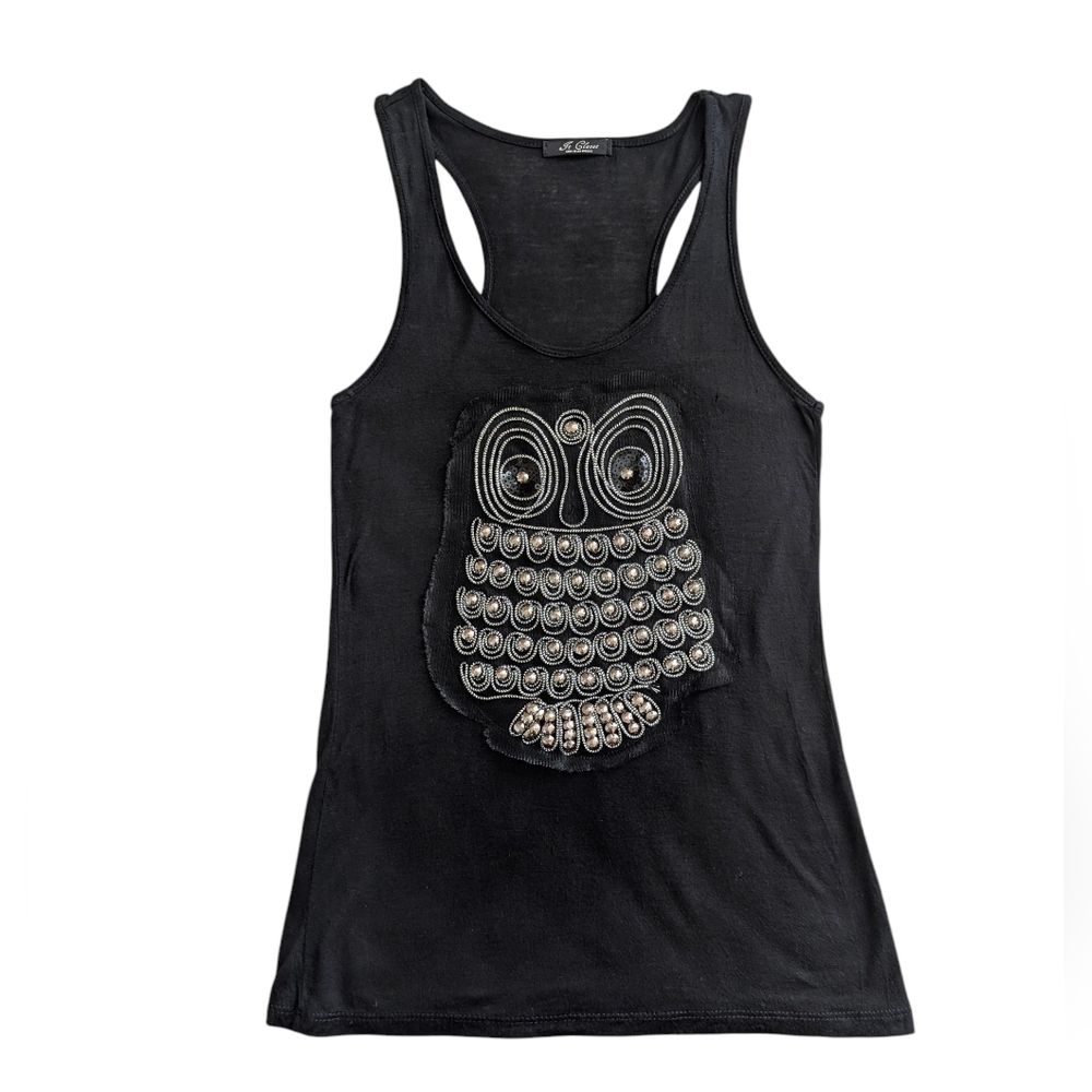 Owl Embellished Mesh Tank Top Black Silver Novelty Graphic Racerback Medium
